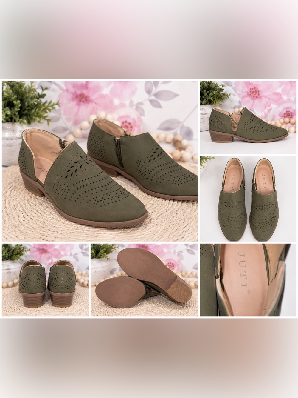 Olive Green Perforated Ankle Booties